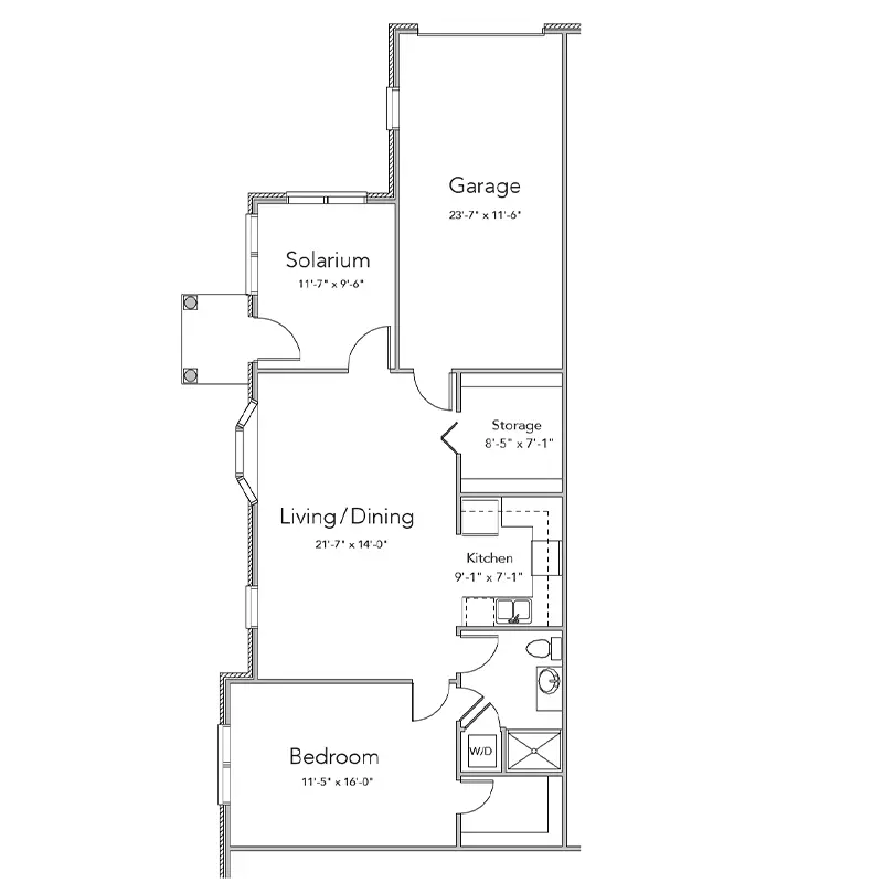 Westover one-bedroom/one-bath independent living floor plan with attached garage