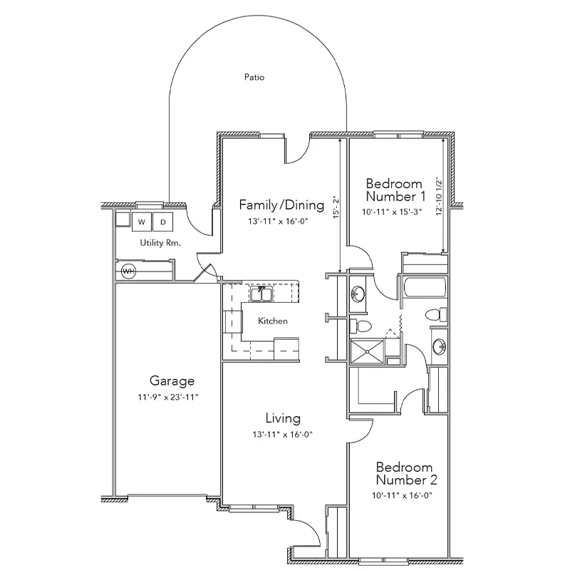 Westover two-bedroom/two-bath independent living floor plan with attached garage